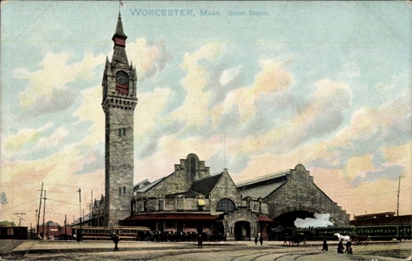 Ansichtkaart Worcester Massachusetts USA, treinstation
