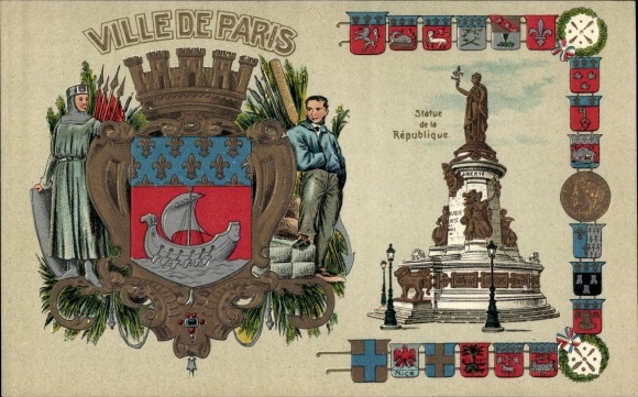 Wapenschild in reliëf litho Paris, Ville de Paris, Statue de la Republique