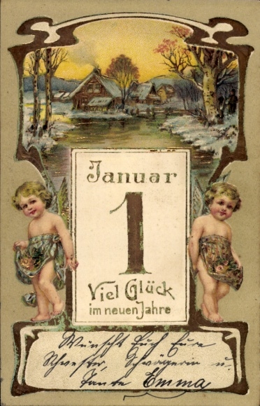 Embossed PC Happy New Year, calendar, angel