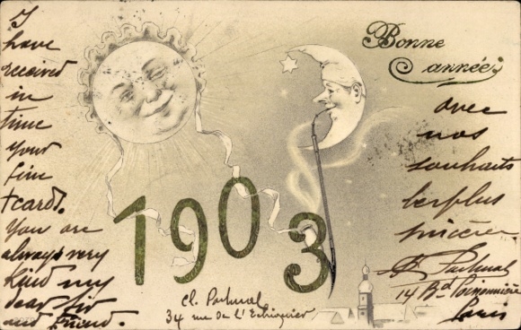 Embossed PC Happy New Year, year 1903, sun and crescent moon with face, pipe