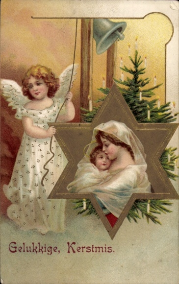 Reliëf ansichtkaart Vrolijk Kerstfeest, engel, bel
