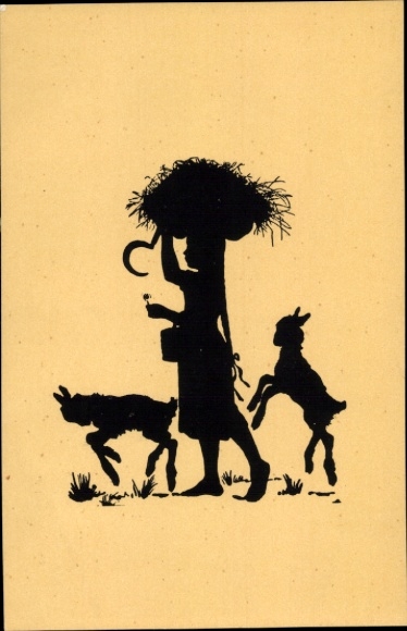 Paper cutting artist Postcard Konewka, P., Home, peasant girl, sickle, lamb
