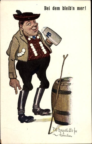 Artist PC Engelhard, POE, When we stay, man in Bavarian costume with a beer mug