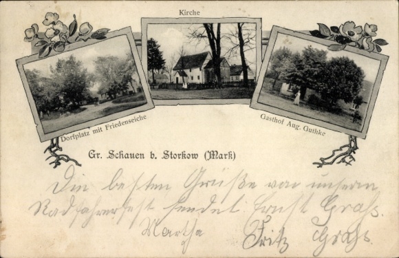 Postcard Groß Laufen Storkow in der Mark, inn, village square, peace oak, church