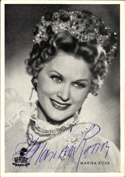 Ak actrice Marika Rökk, portret, handtekening, haaraccessoires