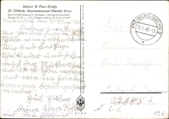 Artist Postcard Willrich, Wolfgang, Lieutenant Commander Günther Prien, Knight's Cross recipient, VDA 1 5 2
