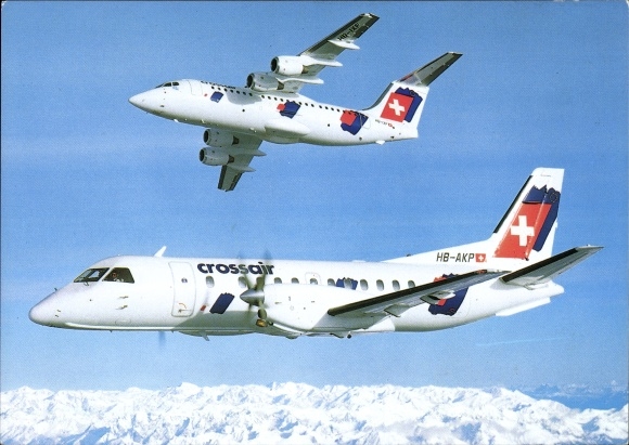 Postcard Swiss passenger aircraft, AVRO RJ 85 Jumbolino, SAAB 340 Cityliner, Crossair, HB-AKP