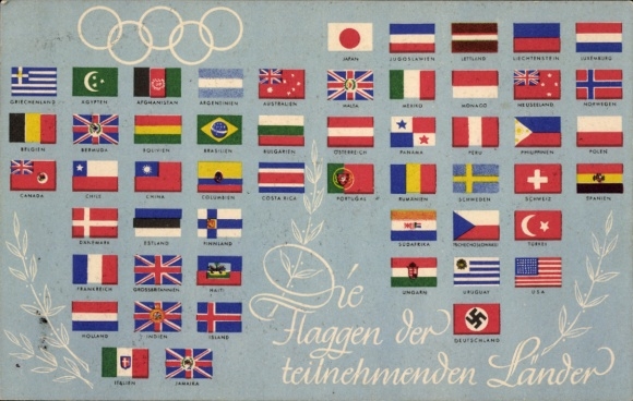 Postcard Olympia Berlin 1936, flags of the participating countries
