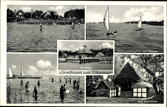 Ak Lembruch in Nedersaksen, oude boerderij, strand, Am Dümmer, zeilboten, botenhuis