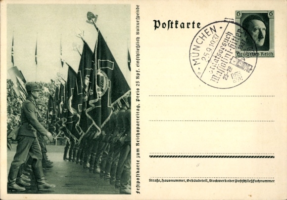 Postal stationery Postcard Nuremberg, Reich Party Rally 1937, Reich Labor Service, Workers, RAD March