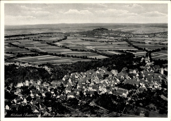 Postcard Hilsbach Sinsheim in Baden, aerial view of Hilsbach, Steinsberg Castle, rural surroundings, hi