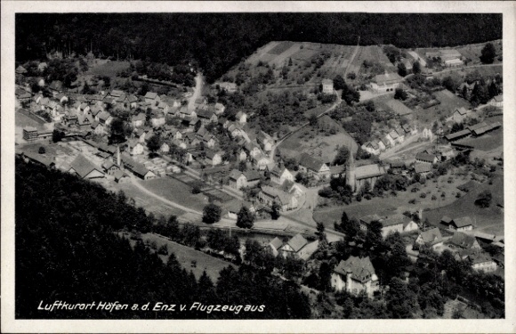 Postcard Höfen an der Enz Black Forest, climatic health resort Höfen, aerial photograph, many houses, landscape
