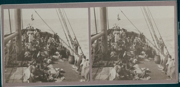 Stereo photo steamer SS Berlin, Nordd. Lloyd Bremen, Africans on Deck, World Tour 1914