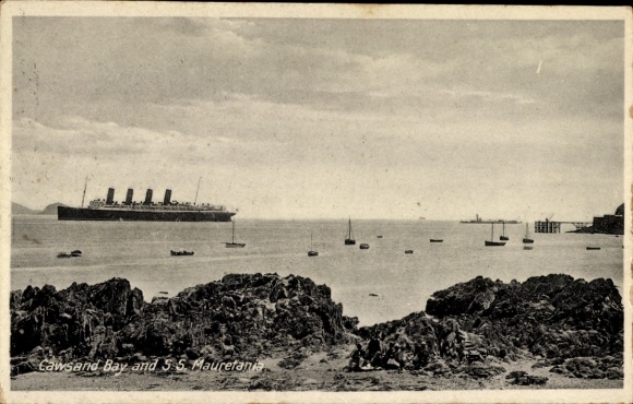 Statek pasażerski RMS Mauretania, linia Cunard Line, zatoka Cawsand
