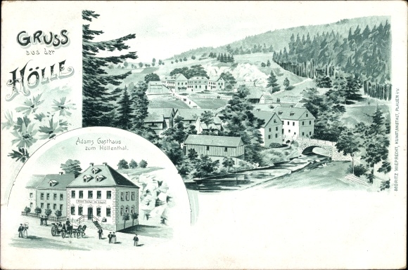 lito Hölle Naila w Fichtelgebirge Oberfranken, Adams Zajazd zum Höllenthal, panorama miejsca