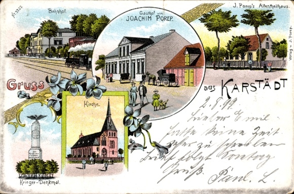 Chromo-Litho Karstädt in der Prignitz, old people's home, inn, church, train station, track side, war memorial