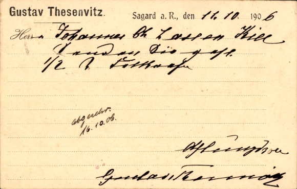 Postcard Sagard on Rügen, letter from Gustav Thesenvitz
