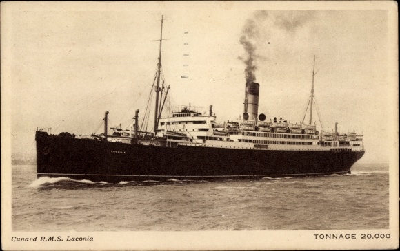 Ak Cunard Line, RMS Laconia, stoomschip, bakboordzijde