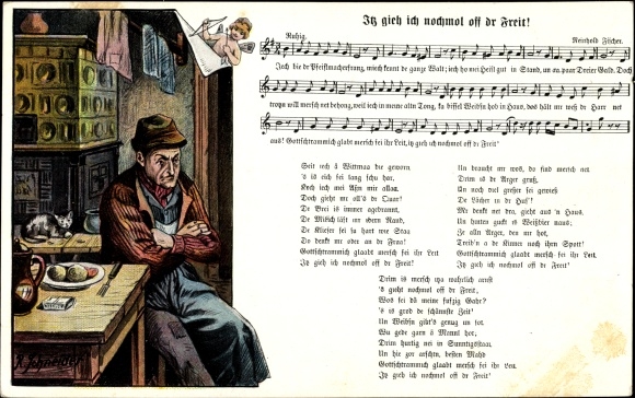 Song Postcard Schneider, Rud., Itz ich ich nochmol off dr Freit, Wilhelm Vogel, man, tiled stove