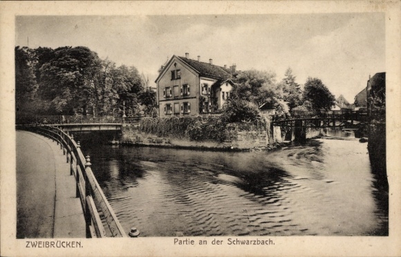 Postcard Zweibrücken in the Palatinate, Schwarzbach, buildings on the water, bridge, rural idyll