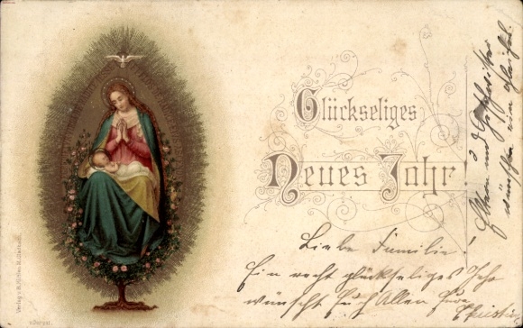 Embossing Chromo-Litho Happy New Year, Praying Mary, Jesus