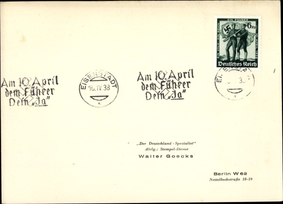 Ak Eisenstadt im Burgenland, Sonderstempel, Dem Führer Dein Ja 1938