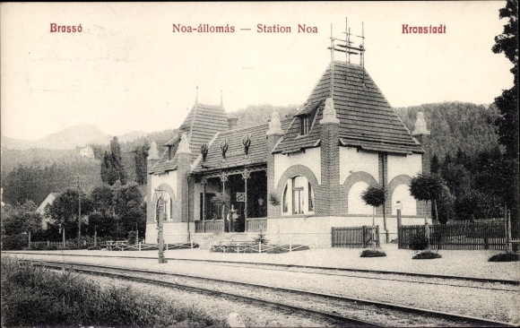 Postcard Brașov Brassó Kronstadt Romania, station Noa, railway station, track side