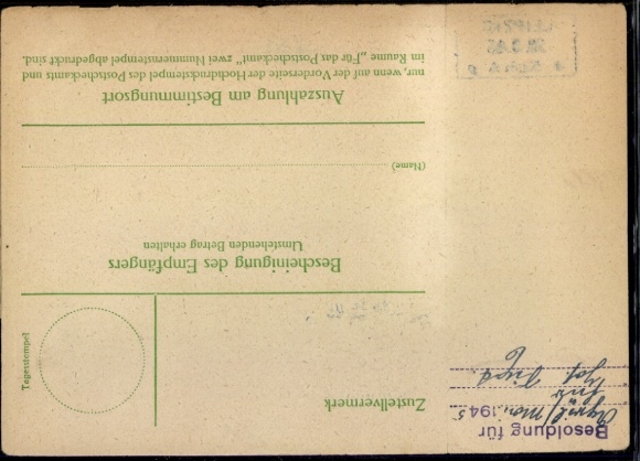 Money order, embossed stamp "28.3.45 Leipzig" with certificate of origin
