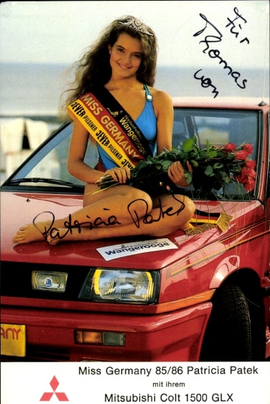 Ak Miss Germany 1985/86 Patricia Patek, Mitsubishi Colt 1500 GLX, Autogramm