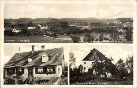 Ak Langnau Tettnang in Württemberg, Gesamtansicht, ehem. Kloster, Bäckerei