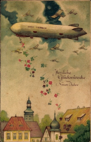 Greeting card New Year, zeppelin, flowers, houses