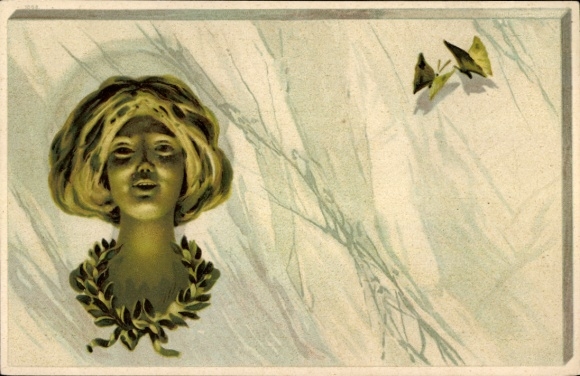 Jugendstil Litho Frauenportrait, Büste, Schmetterlinge