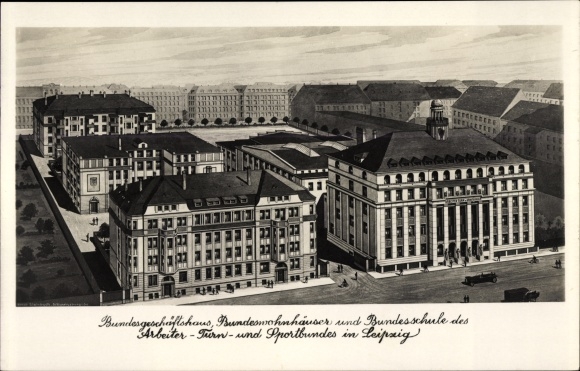 Postcard Leipzig in Saxony, federal office building of the workers&#39; gymnastics and sports association, residential buildings