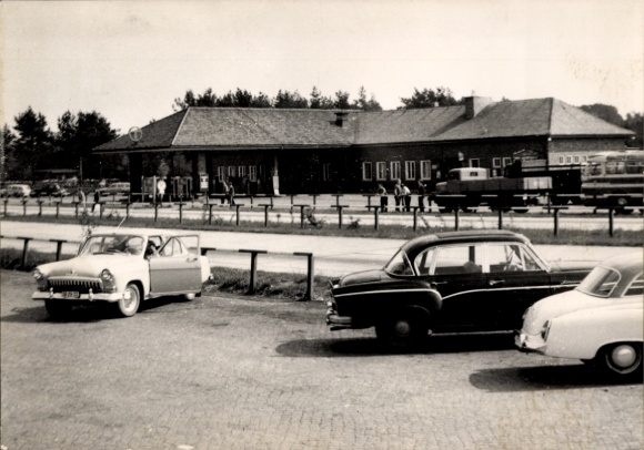 Postcard Michendorf in der Mark, motorway service station, cars, people in the background