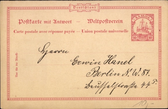 Postal stationery Postcard Samoa, 10 Pfennig