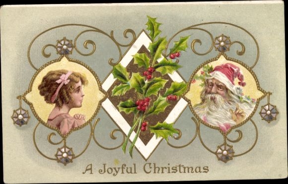 In reliëf gemaakte Ak Gefeliciteerd Kerstmis, Kerstman, kind, hulst
