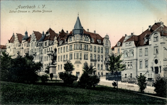 Postcard Auerbach im Vogtland, Schulstraße and Moltkestraße