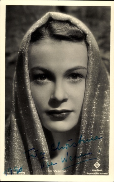 Postcard actress Ilse Werner, portrait with veil, Ufa film, autograph