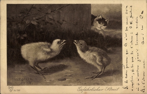 Artist Postcard Knut Oeren, Dangerous quarrel, two chicks, lurking cat
