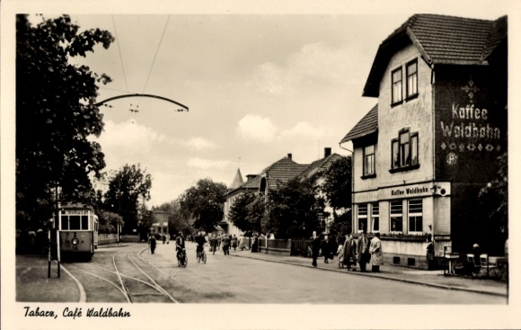 Ak Tabarz im Thüringer Wald, Café Waldbahn, Straßenbahn Richtung Gotha, Haltestelle