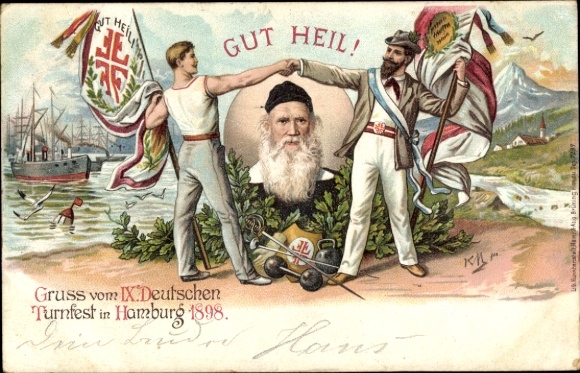 Artist Chromo-Litho Gut Heil, gymnasts shaking hands, gymnastics father Jahn, gymnastics festival in Hamburg, 1898