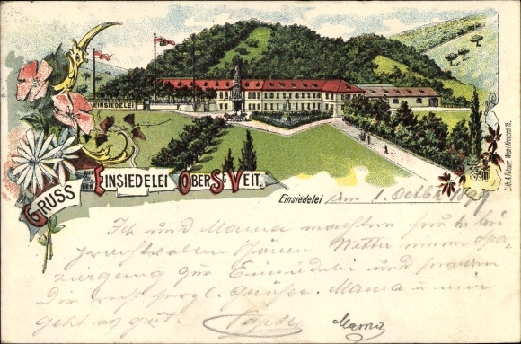 Litho Wien 5. Margareten Österreich, Einsiedelei, Ober St. Veit, Panorama vom Ort