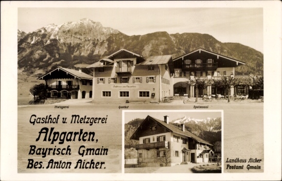 Postcard Bayerisch Gmain Upper Bavaria, Inn Butcher Alpgarten, Post Office, Landhaus Aicher