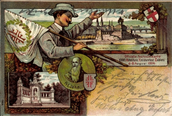 Litho  Koblenz, XXVII. Mittelrhein. Kreisturnfest 1904, Fr.L. Jahn, Denkmal Kaiserin Augusta, Turner