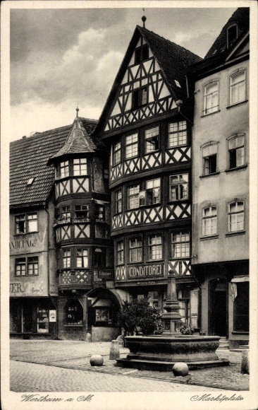 Postcard Wertheim am Main, half-timbered houses, fountain, pastry shop, historical architecture