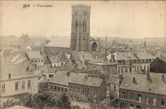 Postcard Ath Wallonia Hainaut, panoramic view of church tower, building