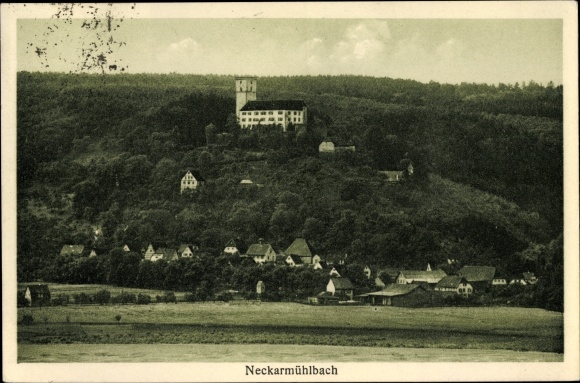 Postcard Neckarmühlbach Haßmersheim Neckar Odenwald district, view of the town with Guttenberg Castle