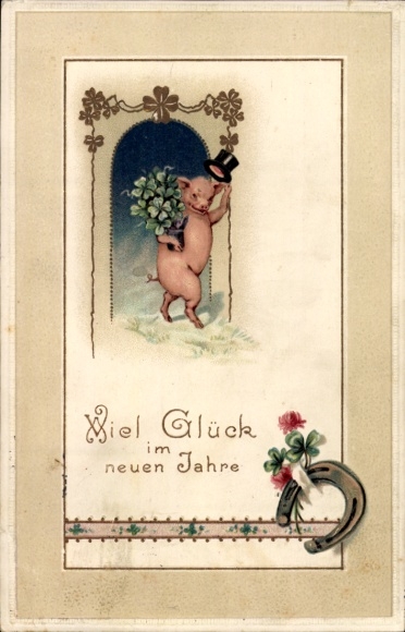 Postcard Happy New Year, pig with clover, horseshoe
