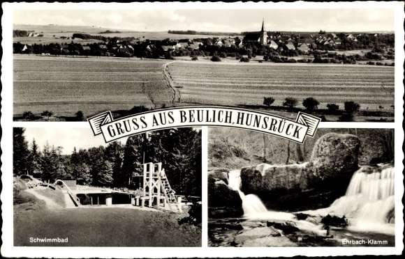 Postcard Beulich in the Hunsrück, swimming pool, Ehrbach Gorge, panorama of the place