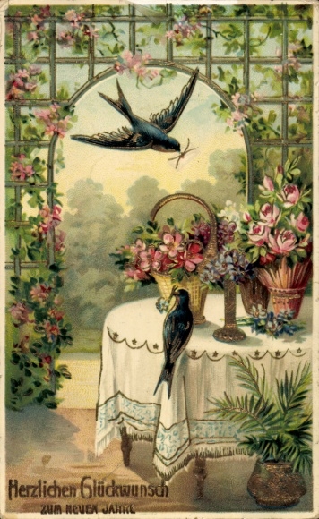 Präge Ak Glückwunsch Neujahr, Schwalben, Blumen